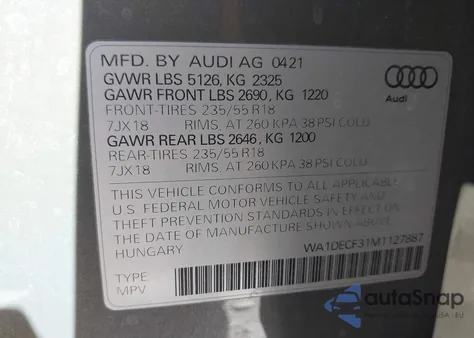 2021 Audi Q3 Premium 45 Tfsi S Line Quattro Tiptronic z USA, uszkodzony, nr VIN WA1DECF31M1127887